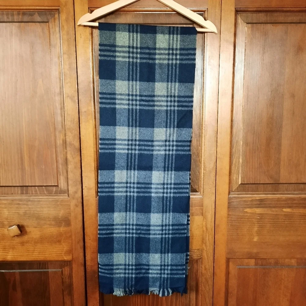 J. Crew Wool Baby Alpaca Gray Navy Blue Plaid Fringe Ends Winter Scarf Unisex OS